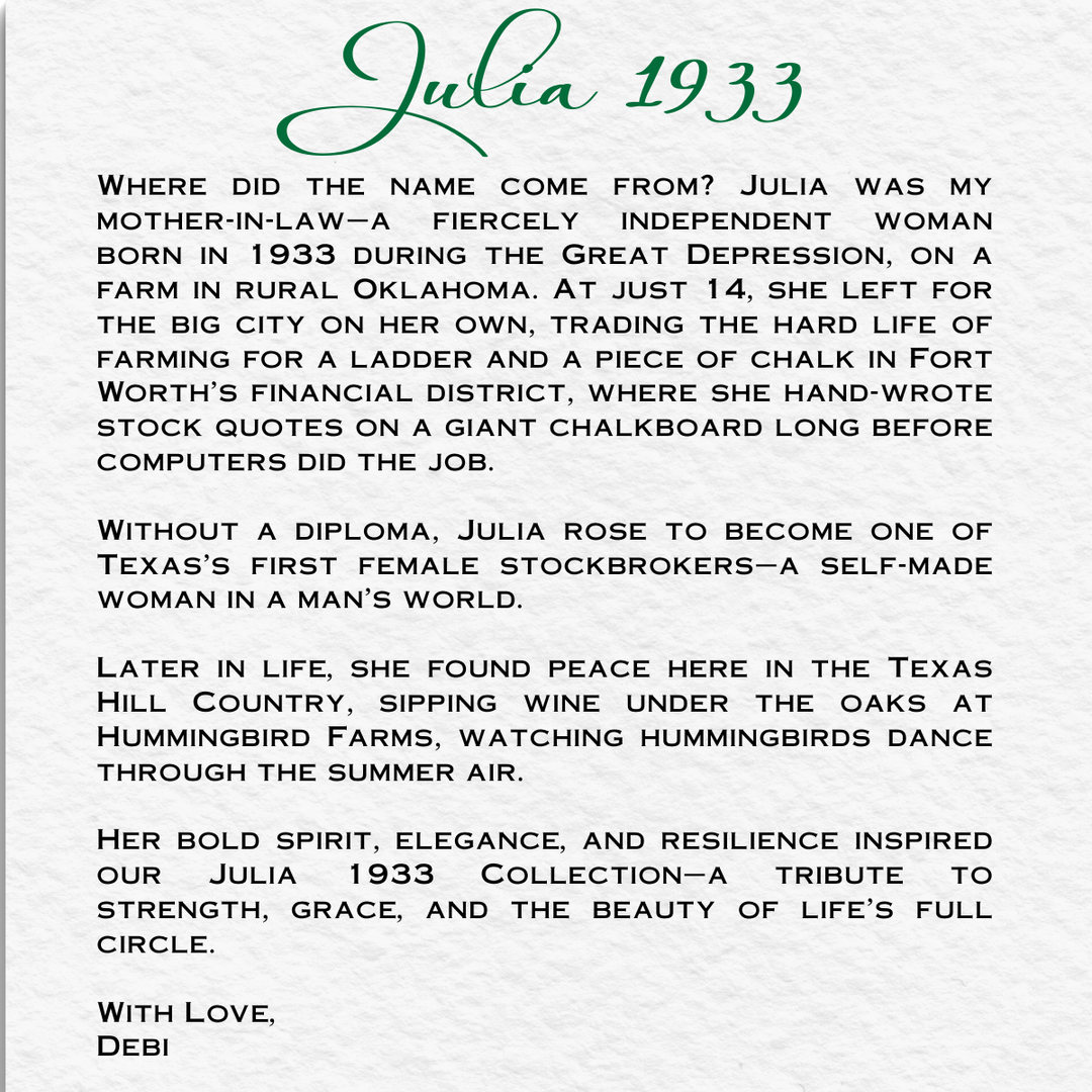 A typed letter titled Julia 1933 inspires Hummingbird Farms’ Julia 1933 Hand Soap &amp; Cream Duo, honoring Julia’s resilient spirit, stockbroking career, and love for handmade cream during the Great Depression. With love, Debi.