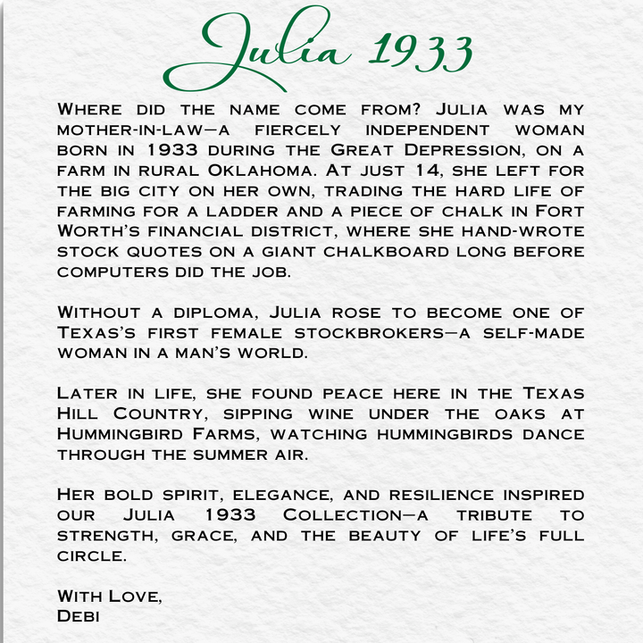 A typed letter titled Julia 1933 inspires Hummingbird Farms’ Julia 1933 Hand Soap &amp; Cream Duo, honoring Julia’s resilient spirit, stockbroking career, and love for handmade cream during the Great Depression. With love, Debi.