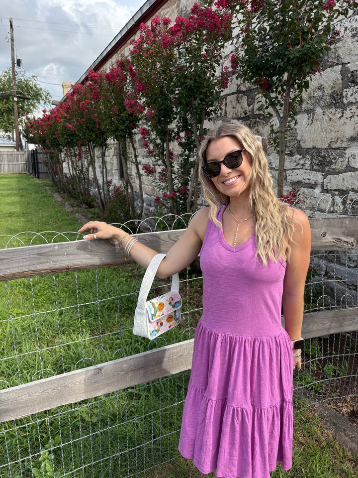RIBBED VNECK TIERED TANK DRESS