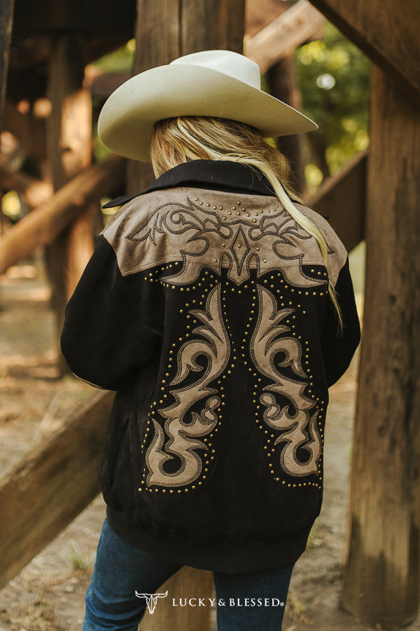 LADIES BLACK SUEDE BOOT STITCH STUDDED BOMBER JACKET