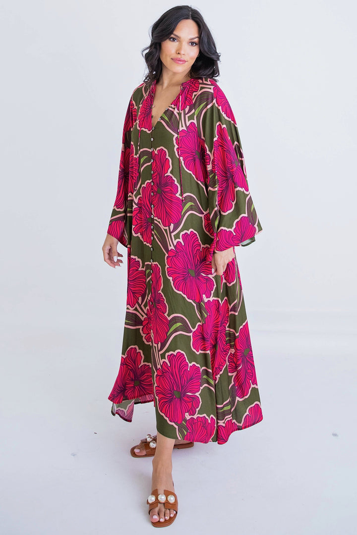 FLORAL BUTTON KAFTAN MAXI DRESS