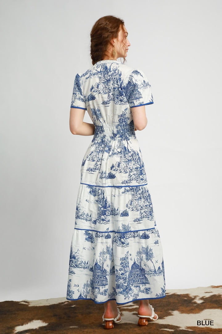 SCENIC TOILE SMOCKED WAIST MAXI DRESS