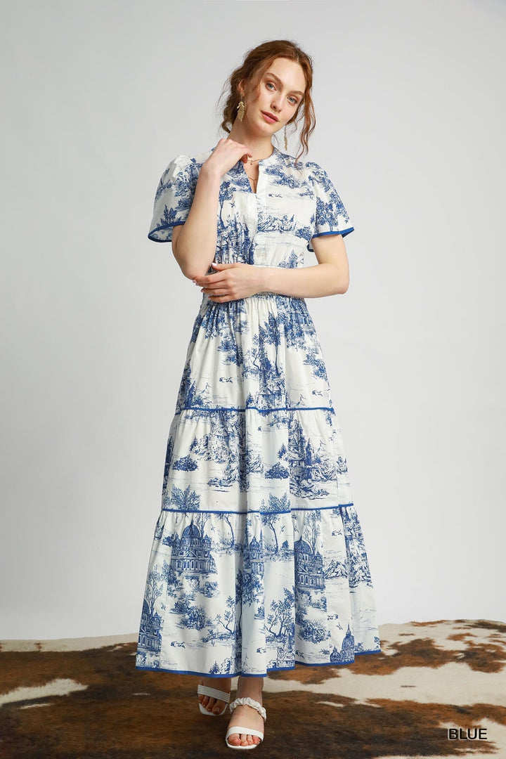 SCENIC TOILE SMOCKED WAIST MAXI DRESS