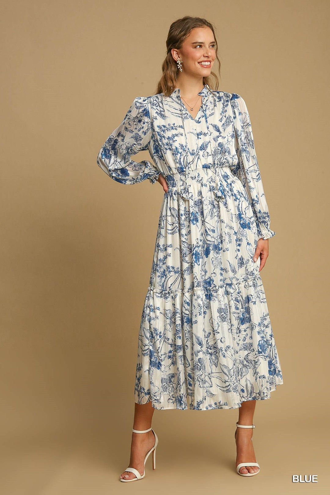 BLUE LONG SLV MIDI DRESS