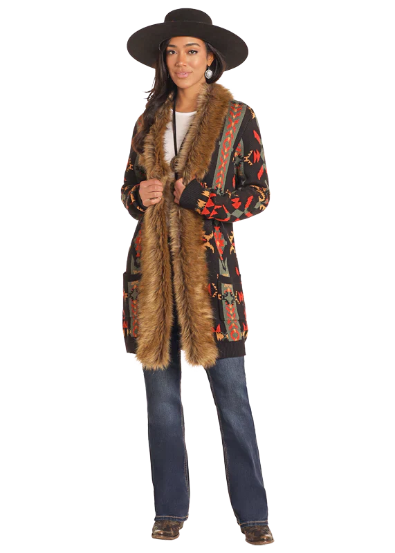 PANHANDLE LADIES SOUTHWEST FUR TRIM CARDIGAN