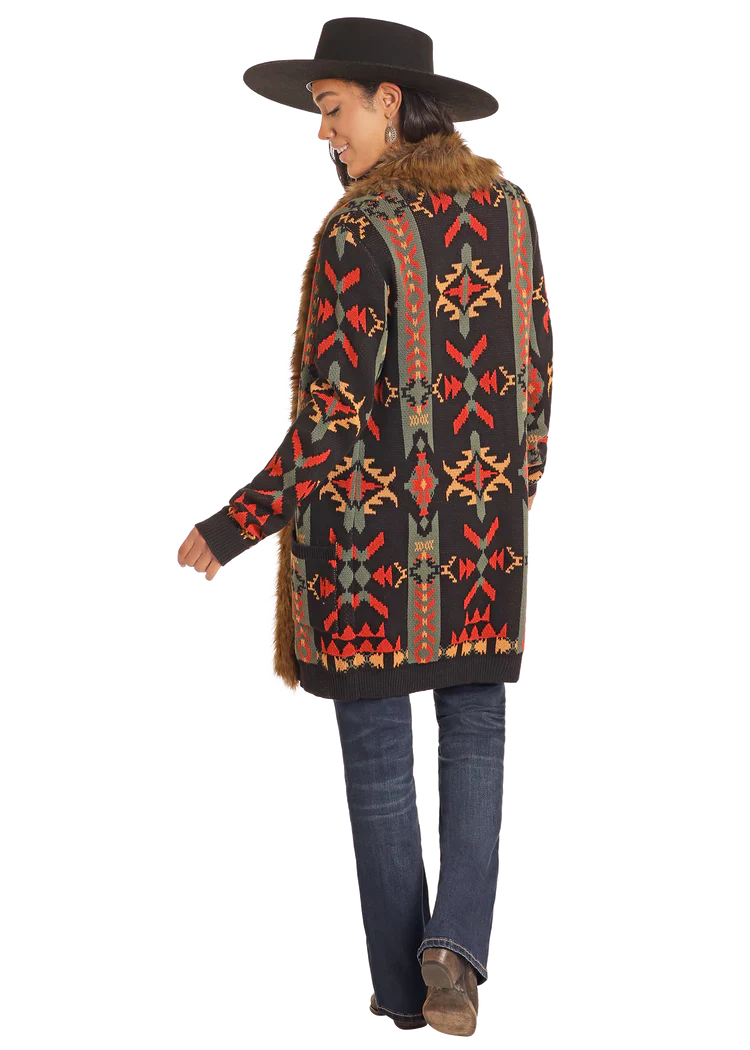 PANHANDLE LADIES SOUTHWEST FUR TRIM CARDIGAN