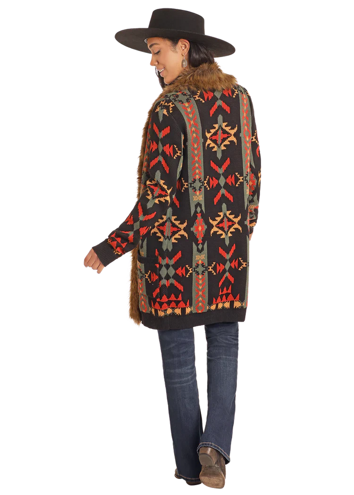 PANHANDLE LADIES SOUTHWEST FUR TRIM CARDIGAN