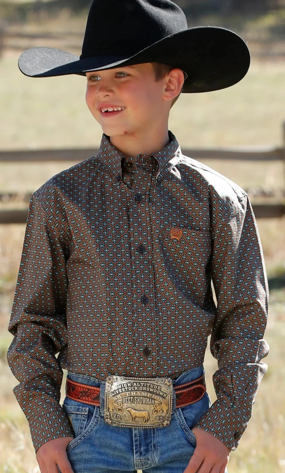 CINCH BOY'S GEO PRINT BUTTON-DOWN WESTERN SHIRT - BROWN