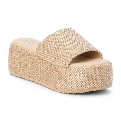 The Zertz PISMO PLATFORM SANDAL is a beige vegan flatform sandal with a woven jute texture and a wide strap across the top of the foot.