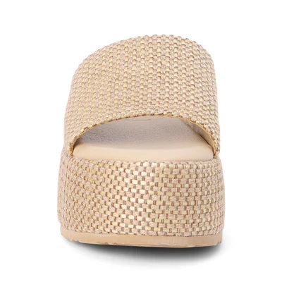 Front view of the Zertz PISMO PLATFORM SANDAL in beige, showcasing a woven jute flatform sole and a wide woven strap across the top.