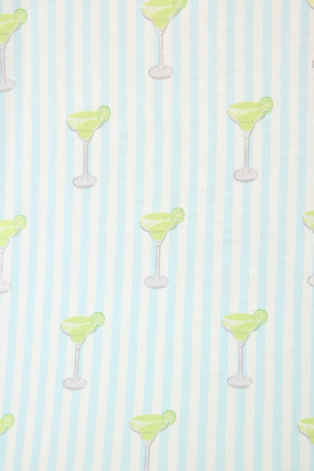 The Zertz PLAYFUL PRINTS SALTY CADILLAC PJ SHORTS feature light blue and white vertical stripes with green margarita cocktails and lime garnishes—a fun pick for playful lounging or pajama shorts.