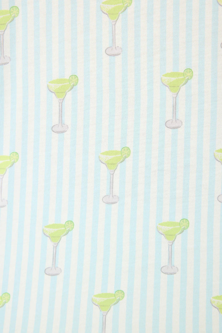 The Zertz PLAYFUL PRINTS SALTY CADILLAC PJ SHORTS feature light blue and white vertical stripes with green margarita cocktails and lime garnishes—a fun pick for playful lounging or pajama shorts.