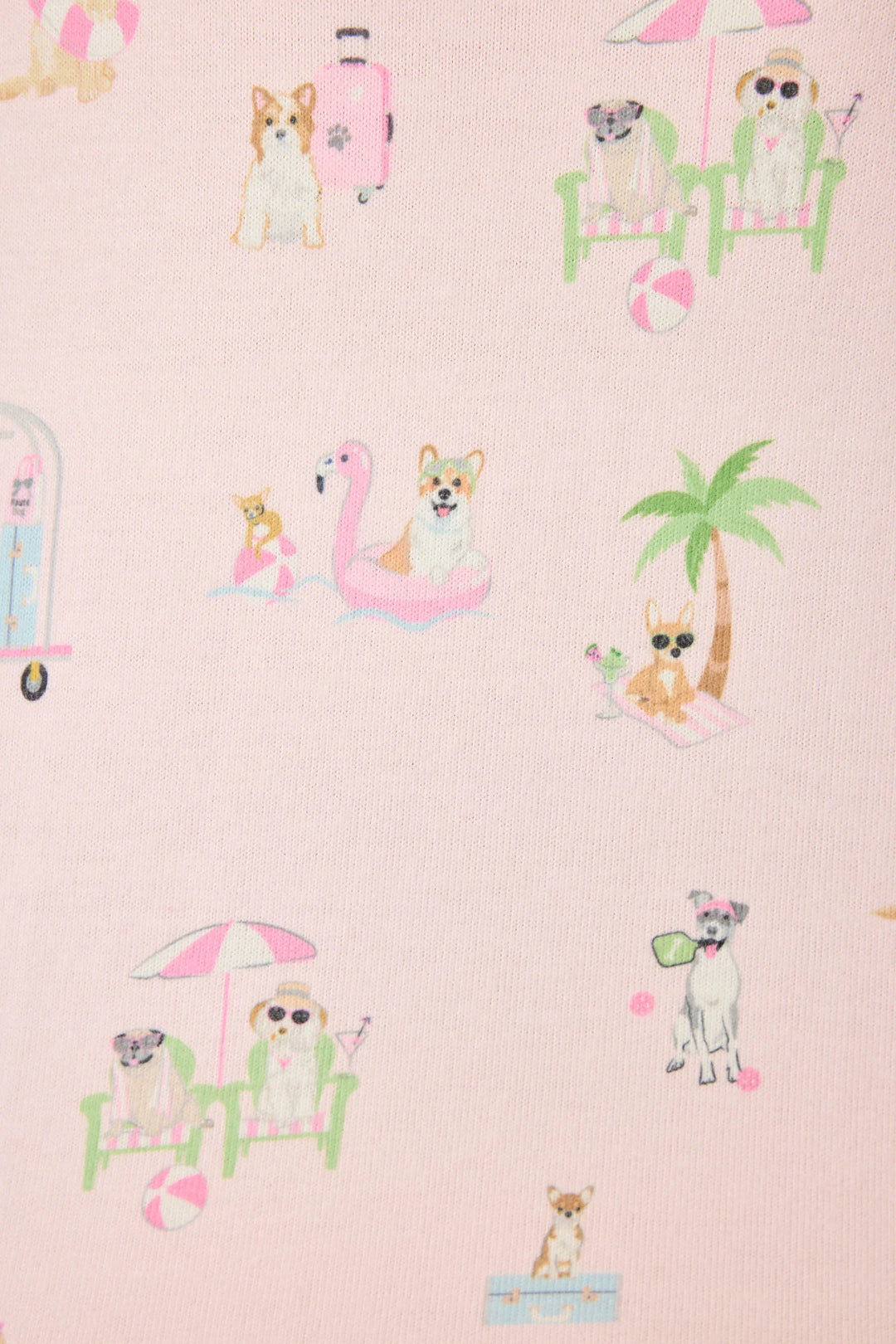 The Zertz PUPCATION PALMS SUNNIES &amp; SUNSHINE PJ SHORTS feature playful dogs on beach chairs, flamingo floats, and with beach balls, all on a peachy light pink background.
