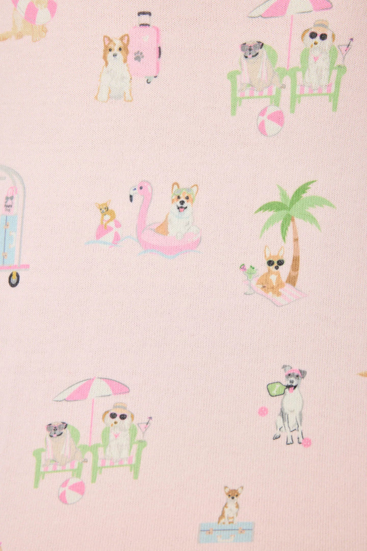 The Zertz PUPCATION PALMS SUNNIES &amp; SUNSHINE PJ SHORTS feature playful dogs on beach chairs, flamingo floats, and with beach balls, all on a peachy light pink background.