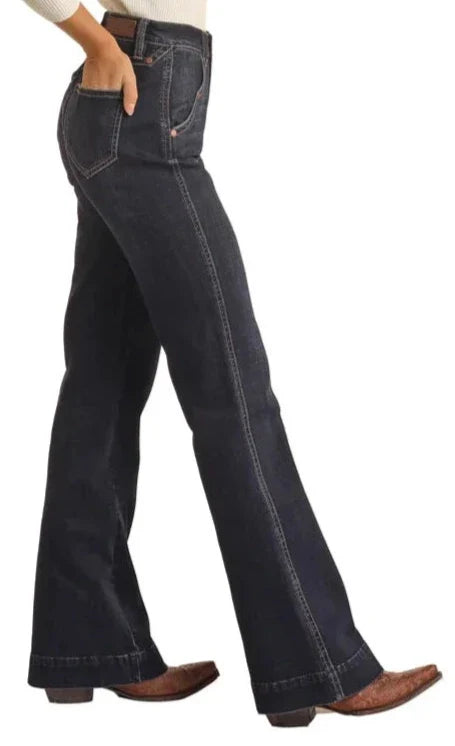 Rock & Roll Ladies Dark Wash Rivet Detail High Rise Trouser Jeans