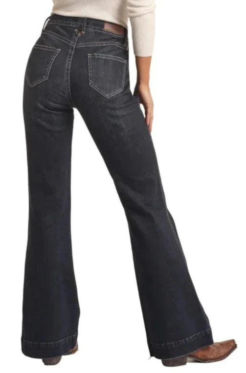 Rock & Roll Ladies Dark Wash Rivet Detail High Rise Trouser Jeans