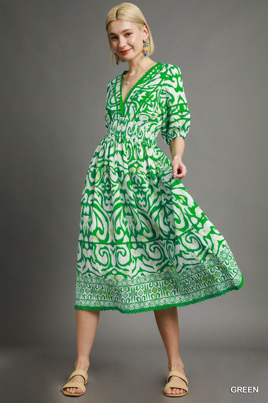 GREEN BOHEMIAN ELEGANCE SMOCKED MIDI DRESS