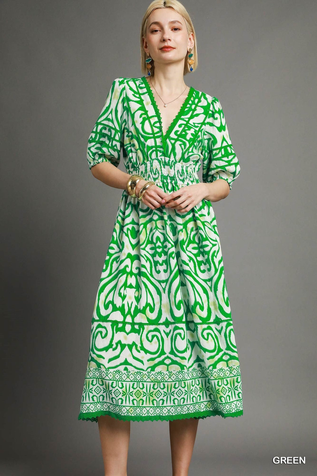 GREEN BOHEMIAN ELEGANCE SMOCKED MIDI DRESS