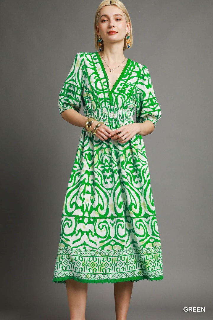 GREEN BOHEMIAN ELEGANCE SMOCKED MIDI DRESS