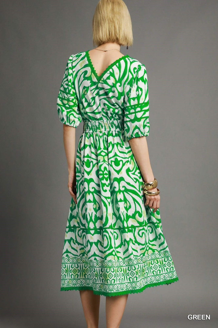 GREEN BOHEMIAN ELEGANCE SMOCKED MIDI DRESS