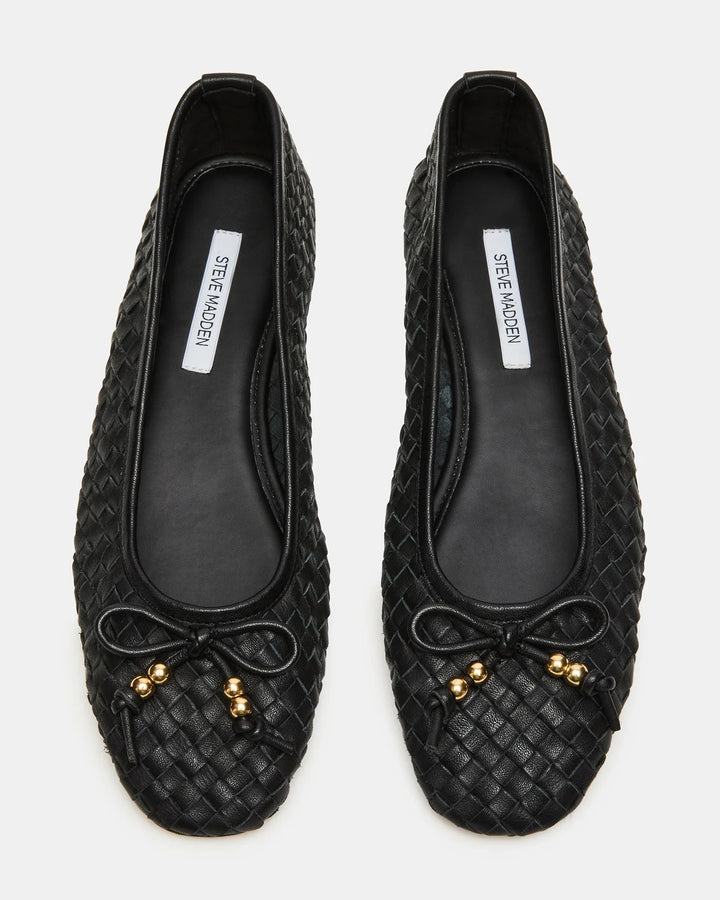 A pair of black DIVY LEATHER FLATs by Zertz, these woven ballet flats feature chic bows with small gold bead accents on the toes—elegant, bow-embellished shoes perfect for any occasion.