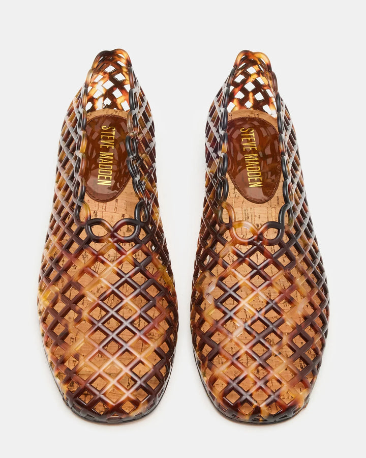 A pair of brown GROVE JELLY SLIP ON shoes by Zertz are shown from above, featuring a lattice-patterned woven jelly cage design—an ideal square-toe flat for comfortable everyday wear.