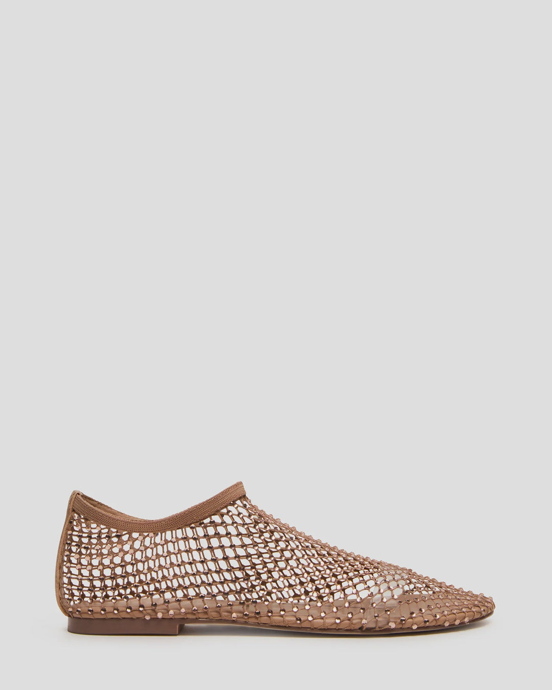 The MINO RHINESTONE FLAT by Zertz features tan woven mesh, sparkling rhinestone embellishments, a slip-on design, square toe, and thin leather sole, presented in profile on a light grey backdrop for an elegant look.