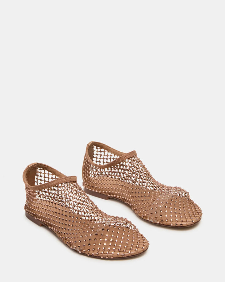 The Zertz MINO RHINESTONE FLAT features a tan mesh design with closed toes and subtle rhinestone accents, offering an elegant style shown on a plain white background.