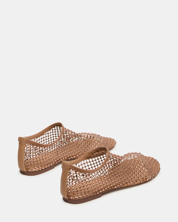 The Zertz MINO RHINESTONE FLAT is a pair of light brown flats featuring a net-like woven design in an elegant style, displayed from the back and slightly to the side on a plain white background.