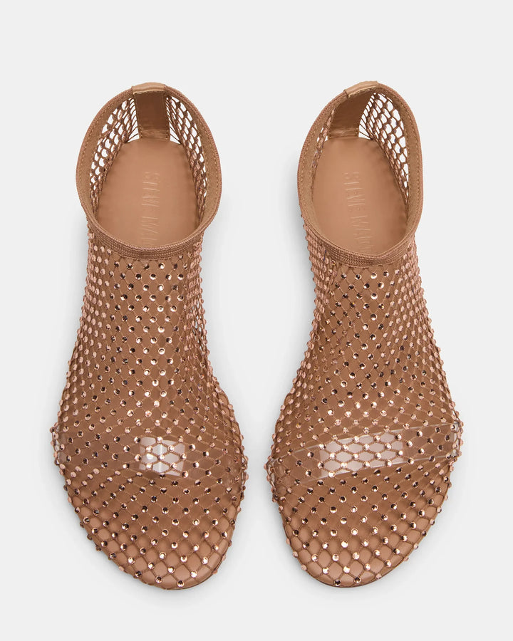 The MINO RHINESTONE FLAT by Zertz is a pair of nude, open-toe, slip-on mesh flats featuring a netted design with rhinestones and cut-out heels, shown from above on a white background.