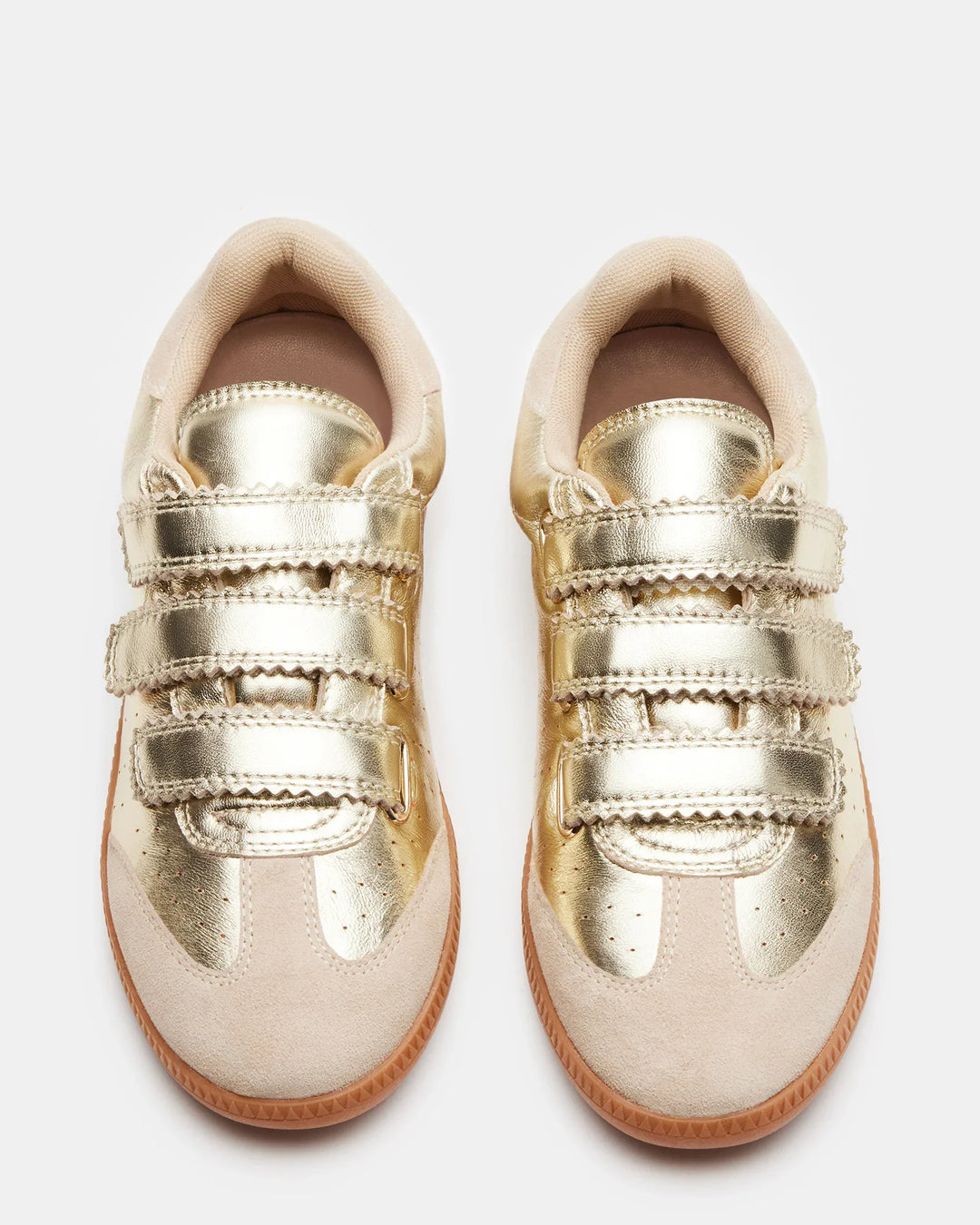Zertz MOMENTUM SNEAKERS shown from above on a white background, feature a beige and gold low-top design with three metallic gold velcro straps per shoe and light brown soles.