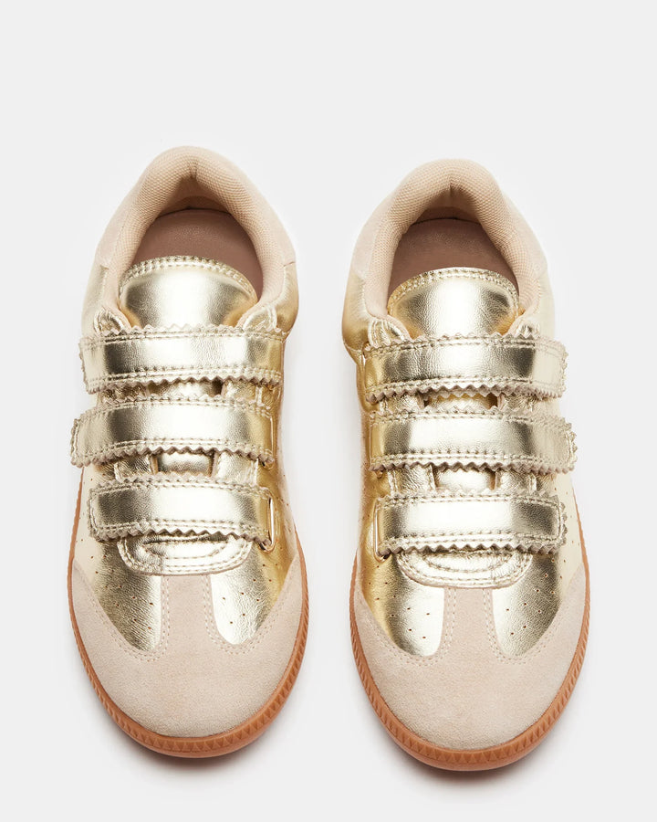 Zertz MOMENTUM SNEAKERS shown from above on a white background, feature a beige and gold low-top design with three metallic gold velcro straps per shoe and light brown soles.