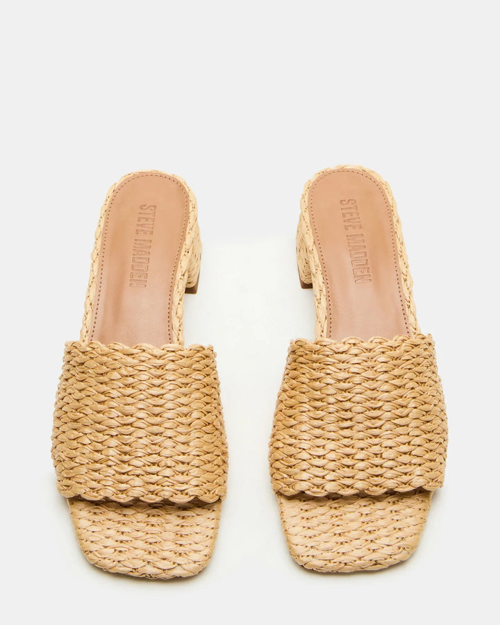 The Zertz MONTGOMERY SLIDE SANDAL features woven straw uppers, block heels, tan insoles, and a chic square toe. Photographed from above on a white background.