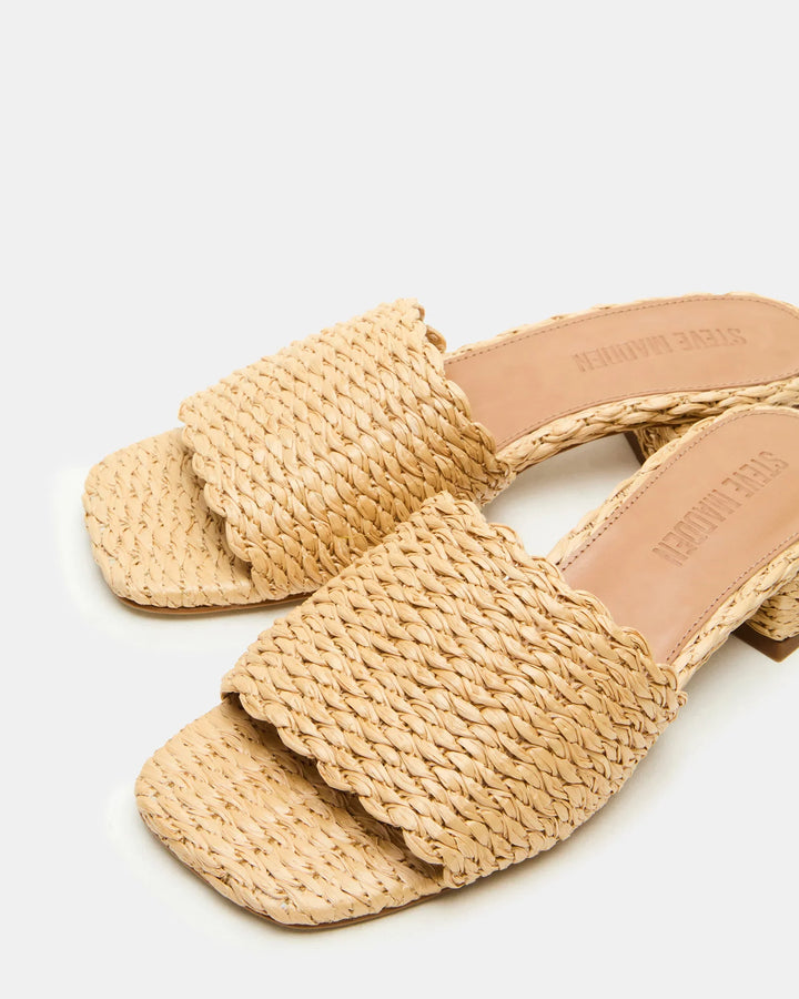 The Zertz MONTGOMERY SLIDE SANDAL features beige woven wide straps, a square toe, and low block heels, shown against a white background.