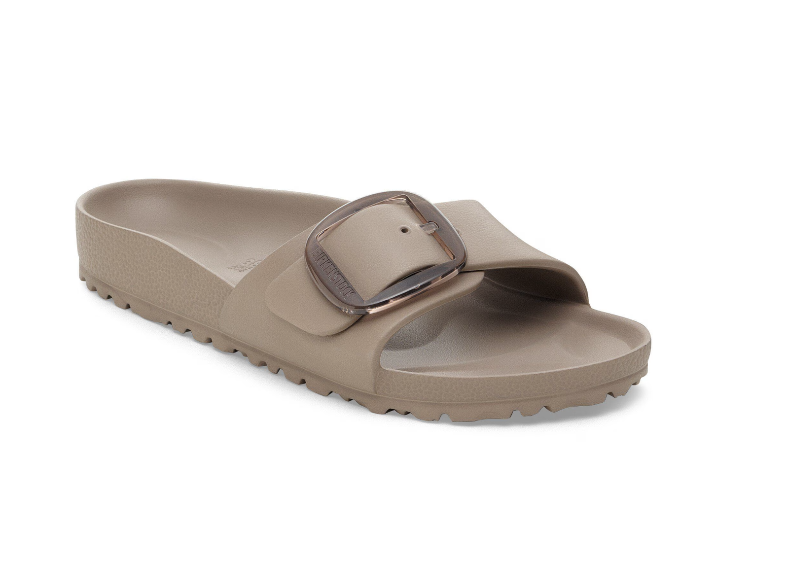 The Zertz MADRID BIG BUCKLE EVA GRAY TAUPE N is a single gray taupe sandal with a textured sole, wide strap, large shiny buckle, open toe, and slightly raised heel.