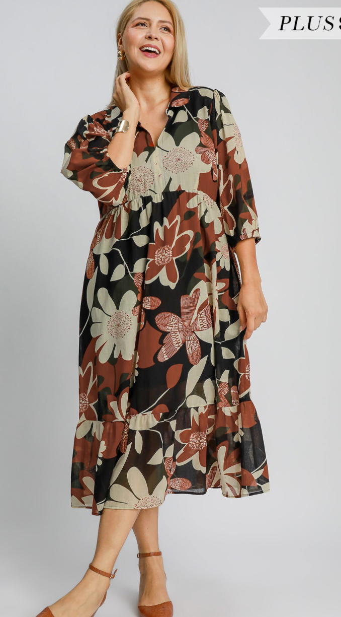 PLUS SIZE FLORAL PRINT MIDI DRESS