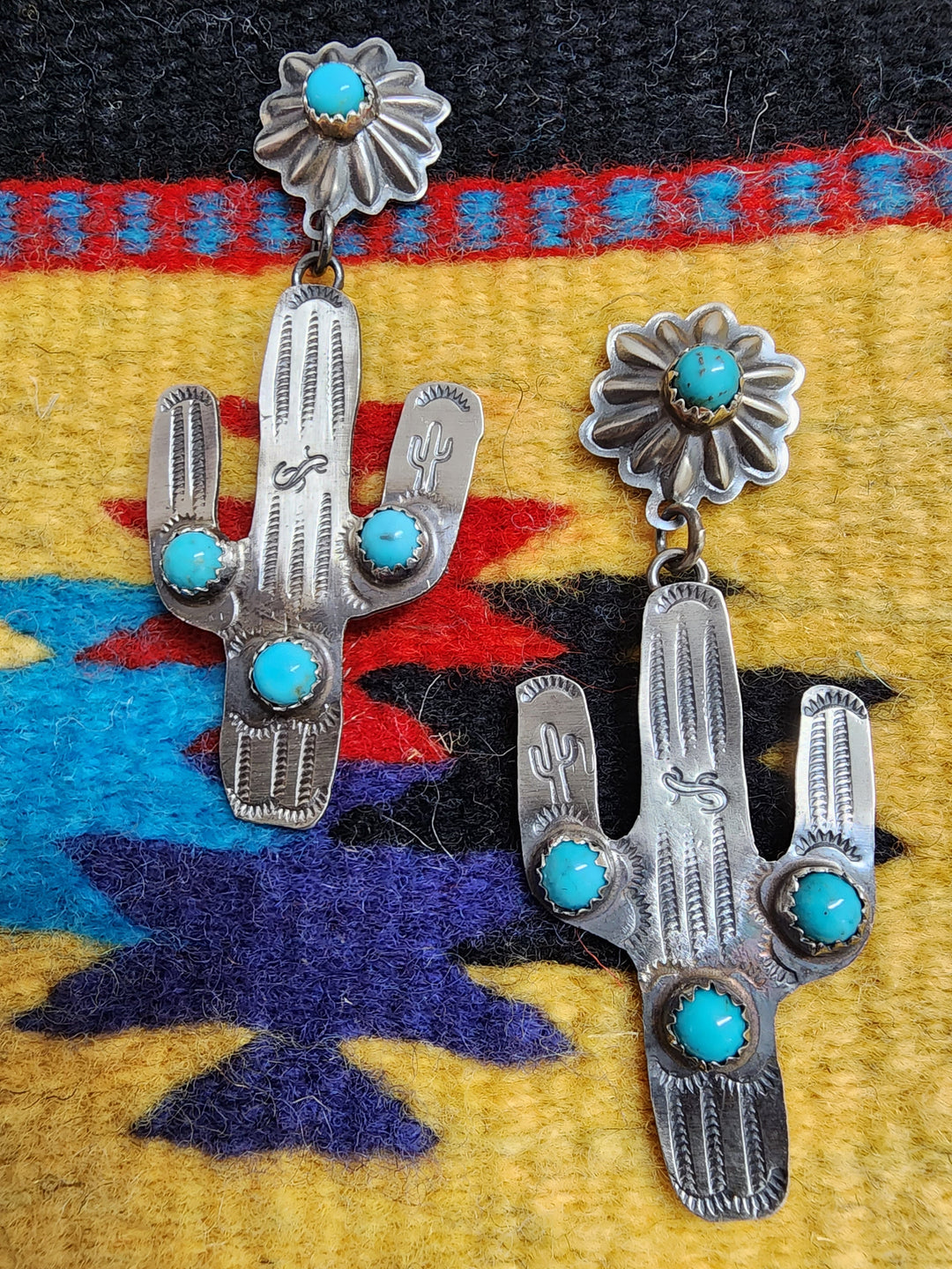 Engraved Silver Cactus with Turquoise Earrings