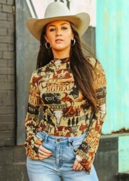 LADIES WILD WEST RODEO FLARE SLEEVE MESH TOP