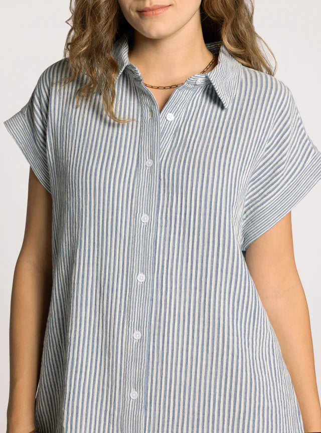 A woman wears the Zertz CRESCENT DRESS in IVORY BLUE, featuring short sleeves, a collared neckline, and vertical blue and white stripes. She stands against a plain background with only her upper body visible.