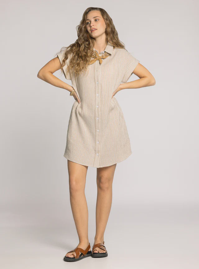 A woman with long wavy hair wears the Zertz CRESCENT DRESS in IVORY OAK, a short-sleeved, knee-length striped shirtdress with front buttons. She pairs it with a brown neck scarf and sandals, standing hands on hips against a light background.