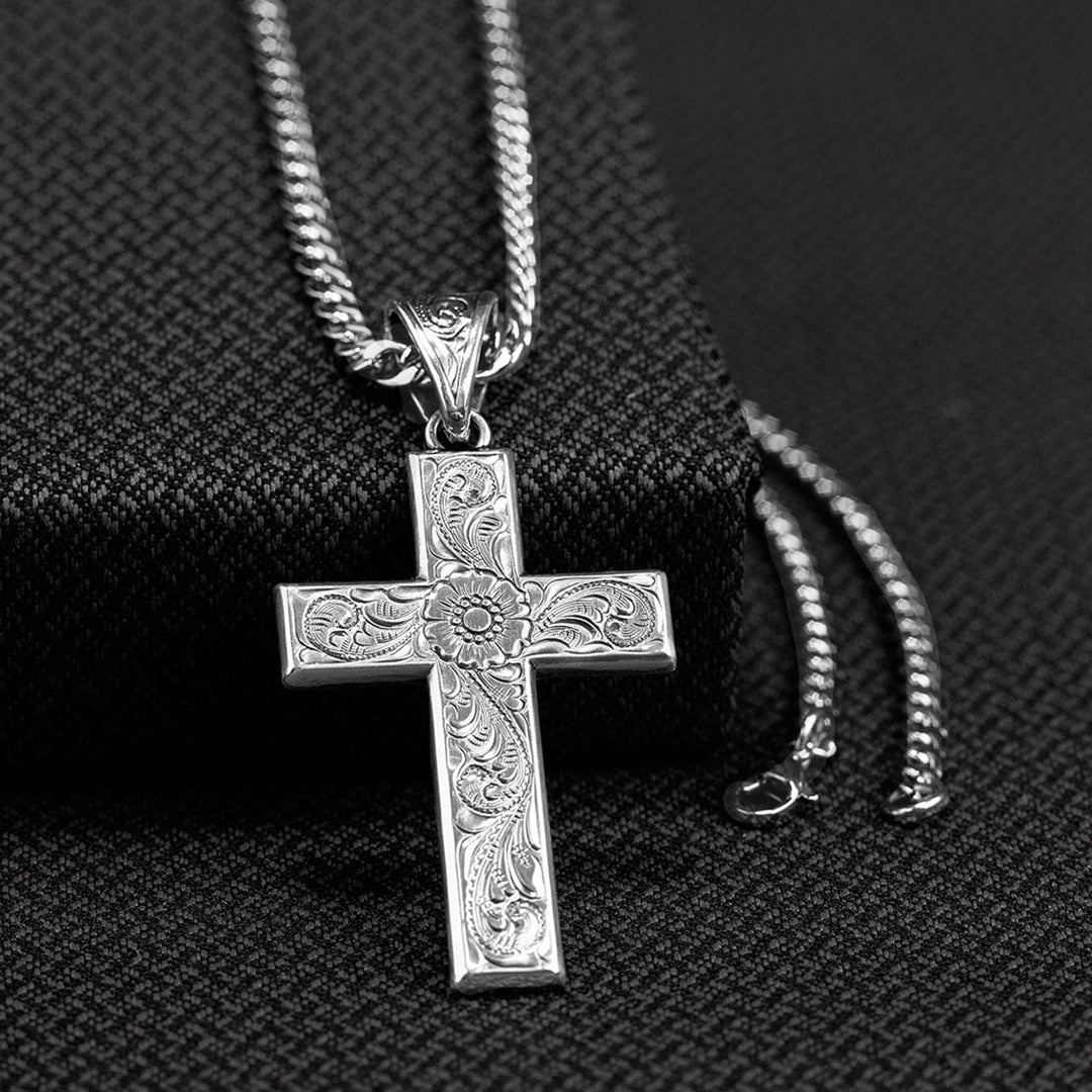 TWISTER MEN'S SILVER WESTERN SCROLL CROSS NECKLACE