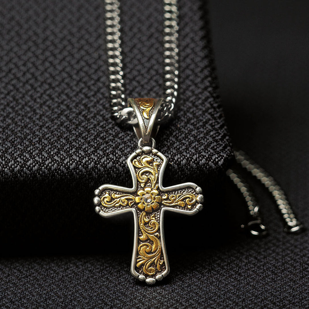 TWISTER MEN'S 2 TONE WESTERN SCROLL CROSS NECKLACE