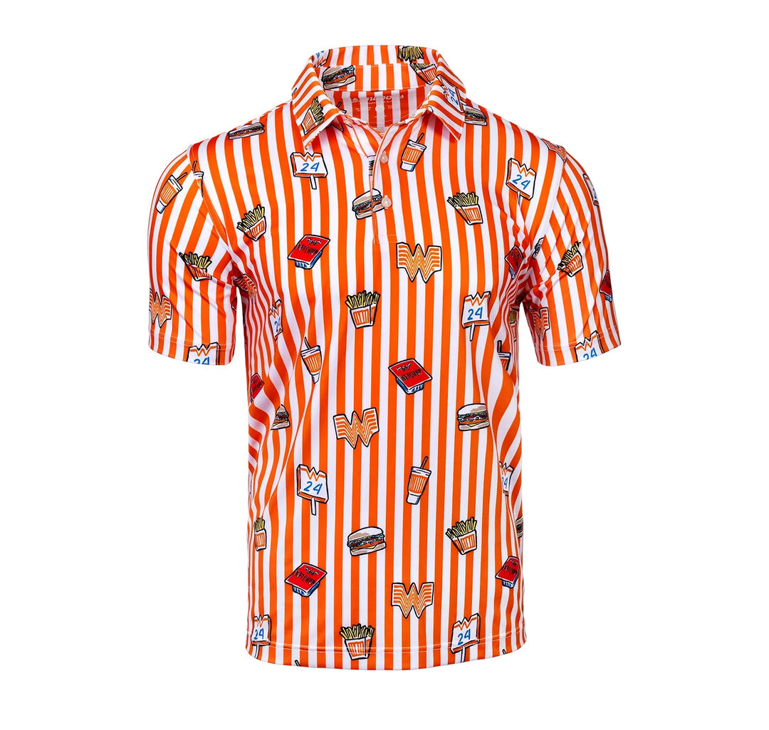 The Zertz THE WATABURGER PERFORMANCE POLO in size S features orange and white vertical stripes with fast food illustrations like burgers, fries, drinks, and Whataburger logos on a short-sleeved, button-up design.