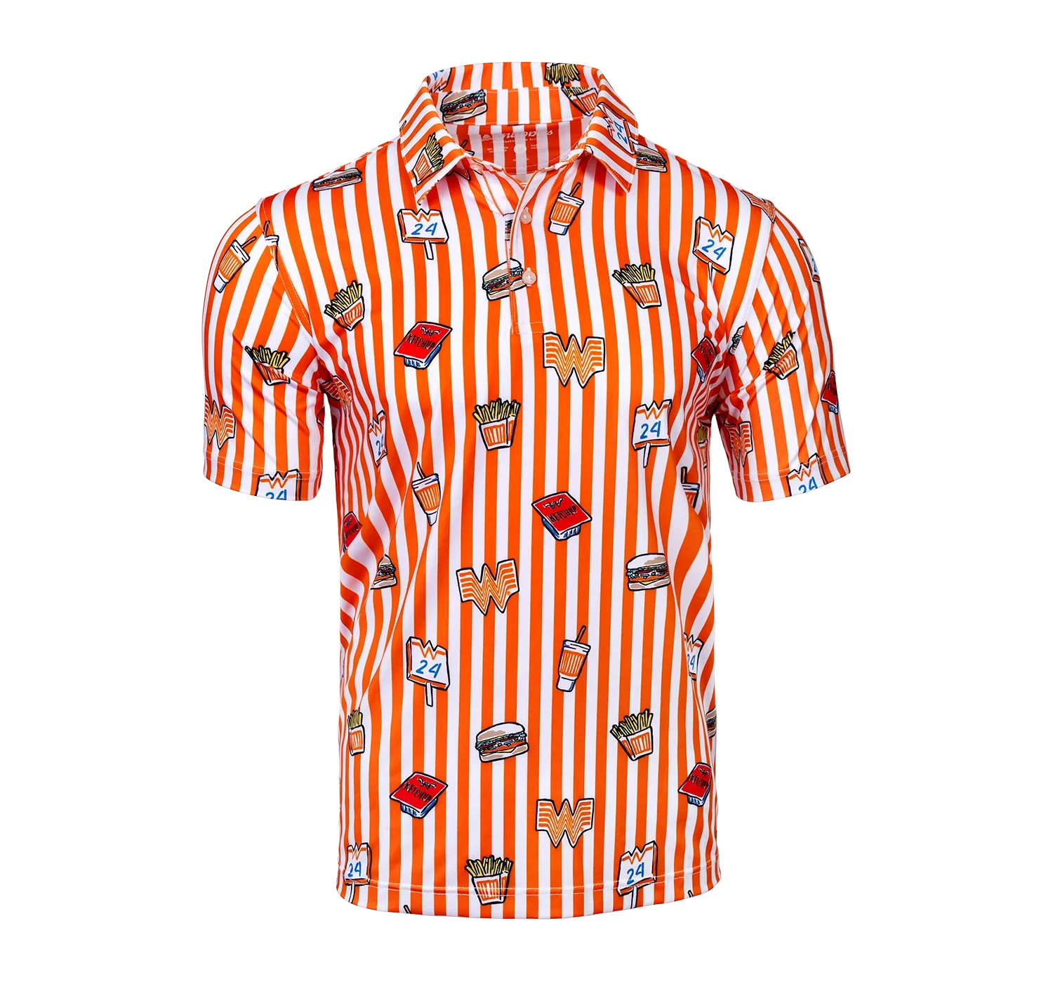 The Zertz THE WATABURGER PERFORMANCE POLO in size S features orange and white vertical stripes with fast food illustrations like burgers, fries, drinks, and Whataburger logos on a short-sleeved, button-up design.