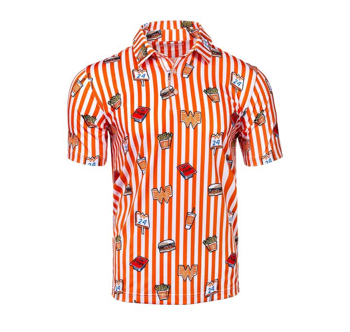 The Zertz THE WATABURGER PERFORMANCE POLO in size S features orange and white vertical stripes with fast food illustrations like burgers, fries, drinks, and Whataburger logos on a short-sleeved, button-up design.