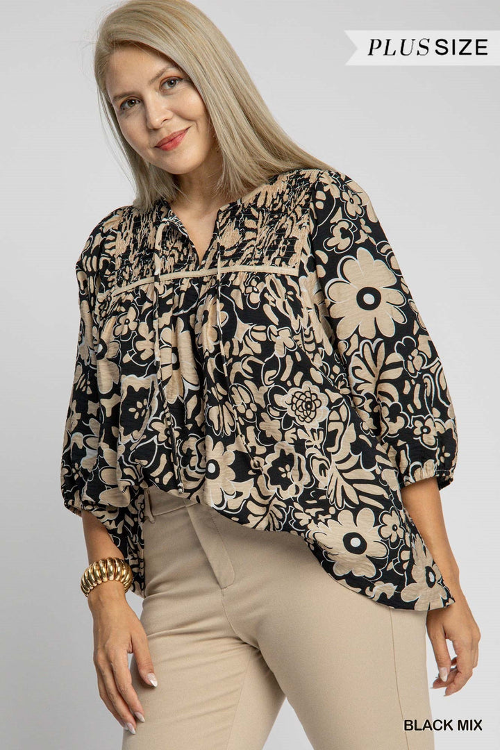 PLUS SIZE BLACK FLORAL LS TOP