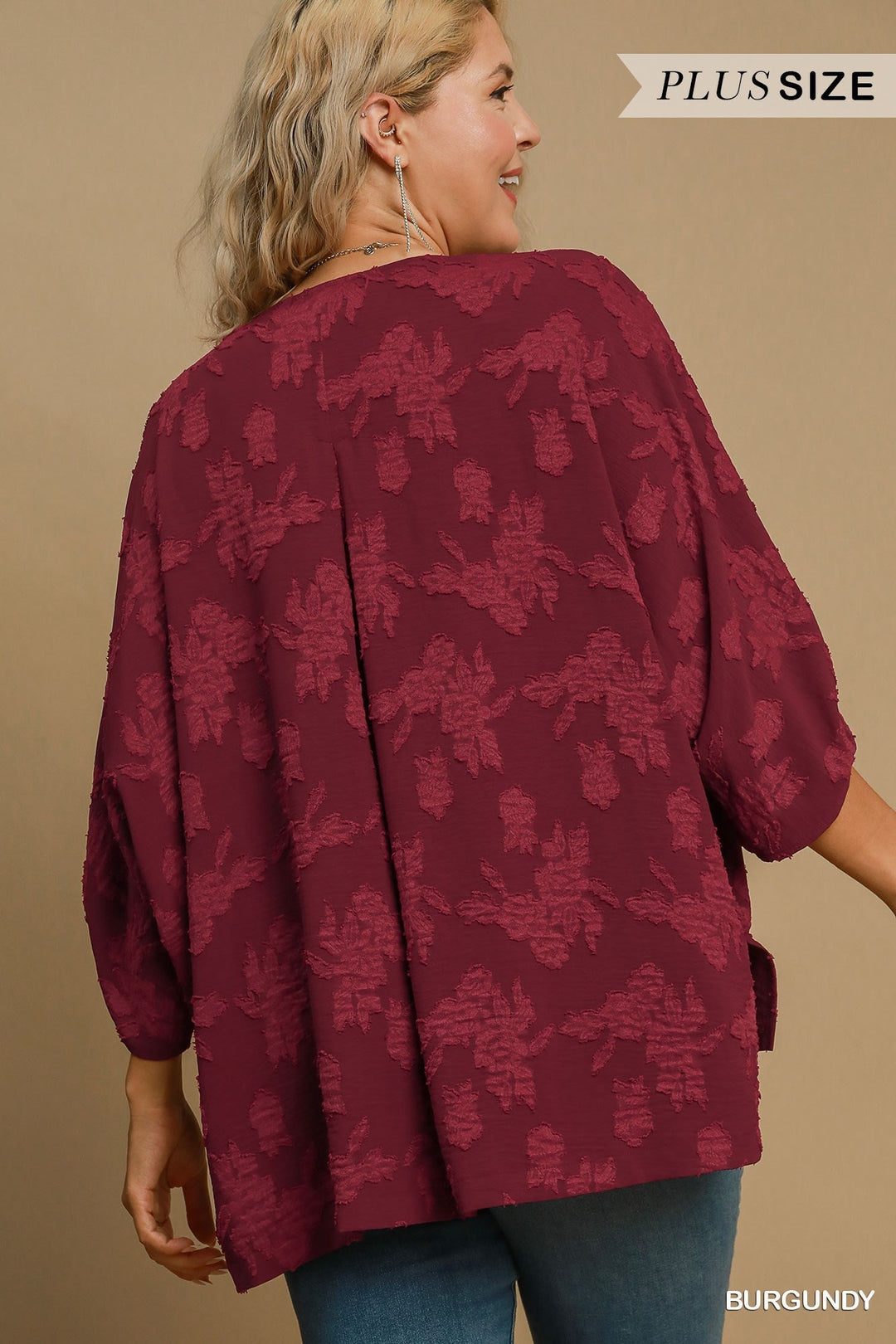 PLUS SIZE BURGUNDY ROLL SLV TOP