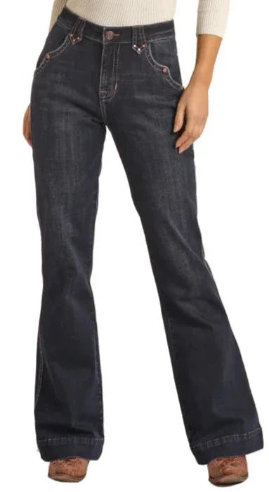 Rock & Roll Ladies Dark Wash Rivet Detail High Rise Trouser Jeans