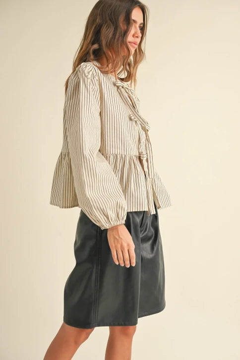 STRIPED WOVEN BLOUSE TIE FRONT T4578