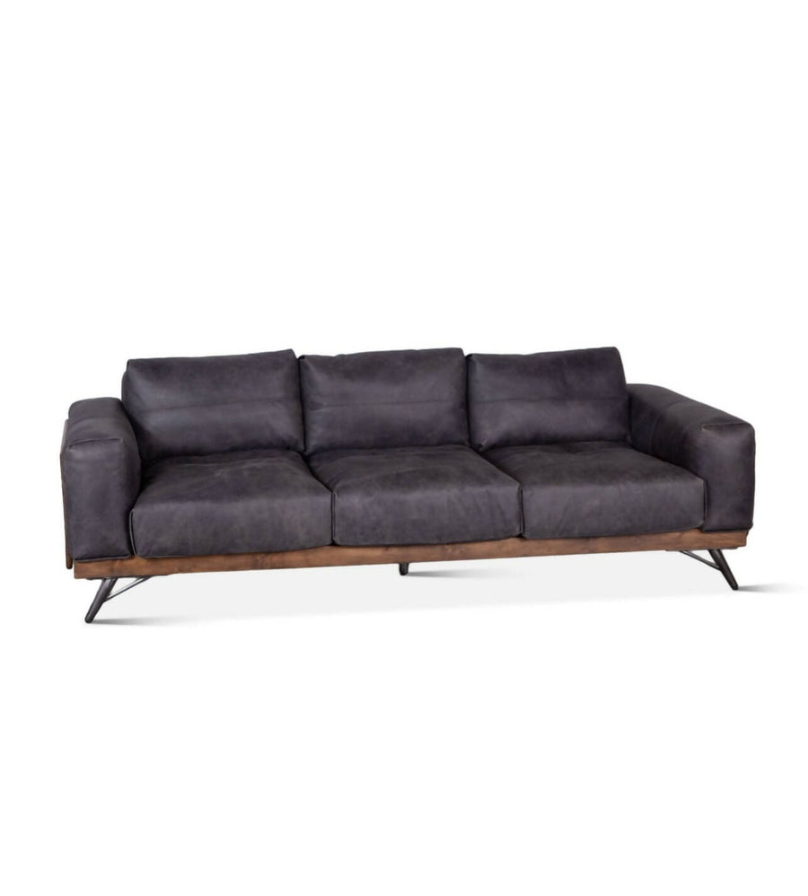 Portofino 95” Antique Ebony Leather Mid Century Sofa America Reclaimed